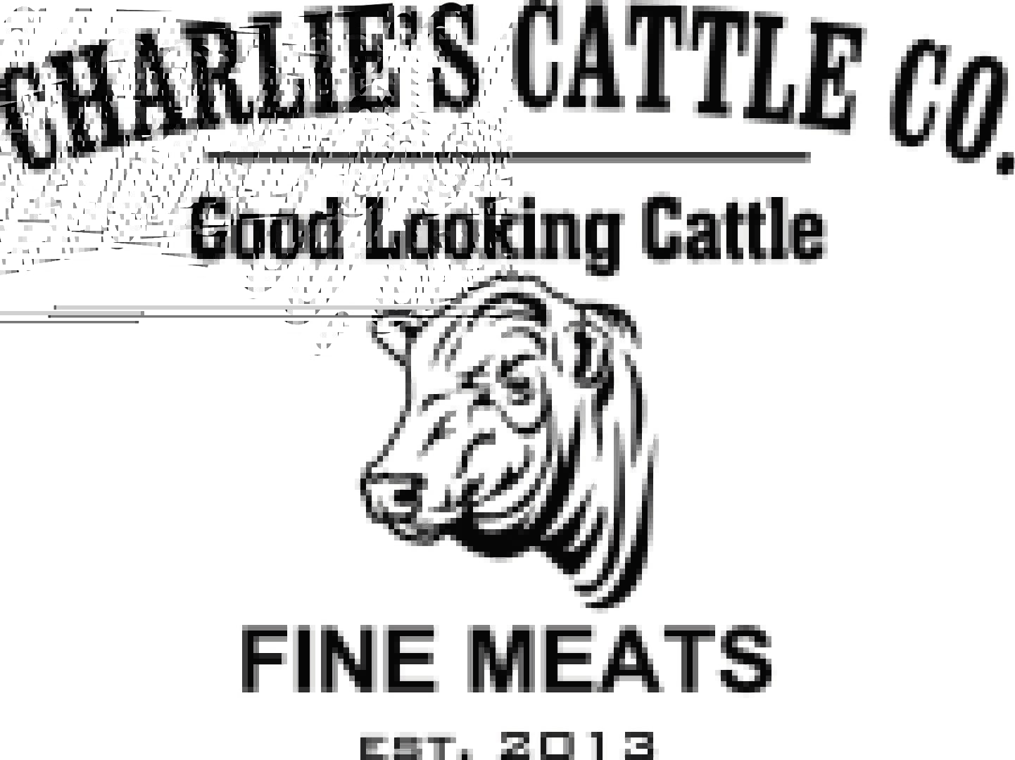 A black and white image of an animal with the words " arlie 's cattle, good looking cattle fine meats."